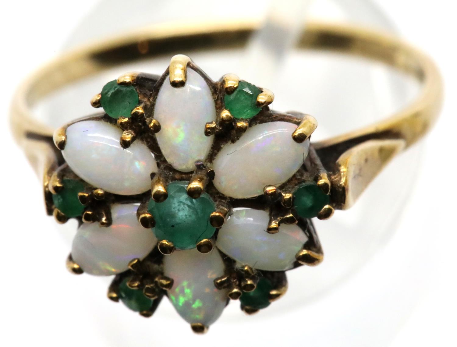 9ct gold, opal and green stone set flower head ring, size T, 2.8g. P&P Group 1 (£14+VAT for the