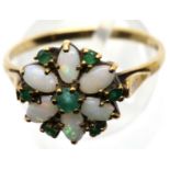9ct gold, opal and green stone set flower head ring, size T, 2.8g. P&P Group 1 (£14+VAT for the