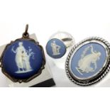 Wedgwood blue and white ring, brooch and fob. P&P Group 1 (£14+VAT for the first lot and £1+VAT