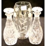 Stuart Crystal? pair of crystal decanters with star cut bases and a large etched Fuschia vase. Not