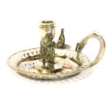 Unusual Italian silver chamber stick, featuring a spaniel carrying wine tray with bottle and