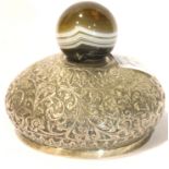 Presumed Indian silver paperweight mounted with a large sphere of banded agate, lacking base, D: