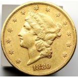 American 1880 Gold San Francisco mint 20 Dollar coin with fine definition. P&P Group 2 (£18+VAT