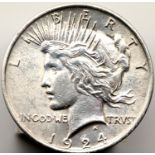 1924 USA Silver Liberty head Peace Dollar. P&P Group 1 (£14+VAT for the first lot and £1+VAT for
