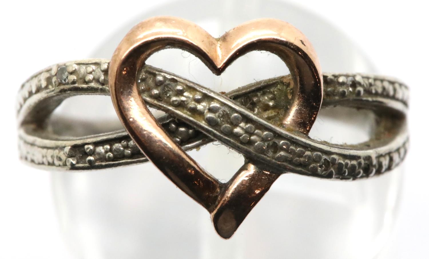 Silver and gold diamond set heart ring, size N, 3.5g. P&P Group 1 (£14+VAT for the first lot and £