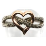 Silver and gold diamond set heart ring, size N, 3.5g. P&P Group 1 (£14+VAT for the first lot and £