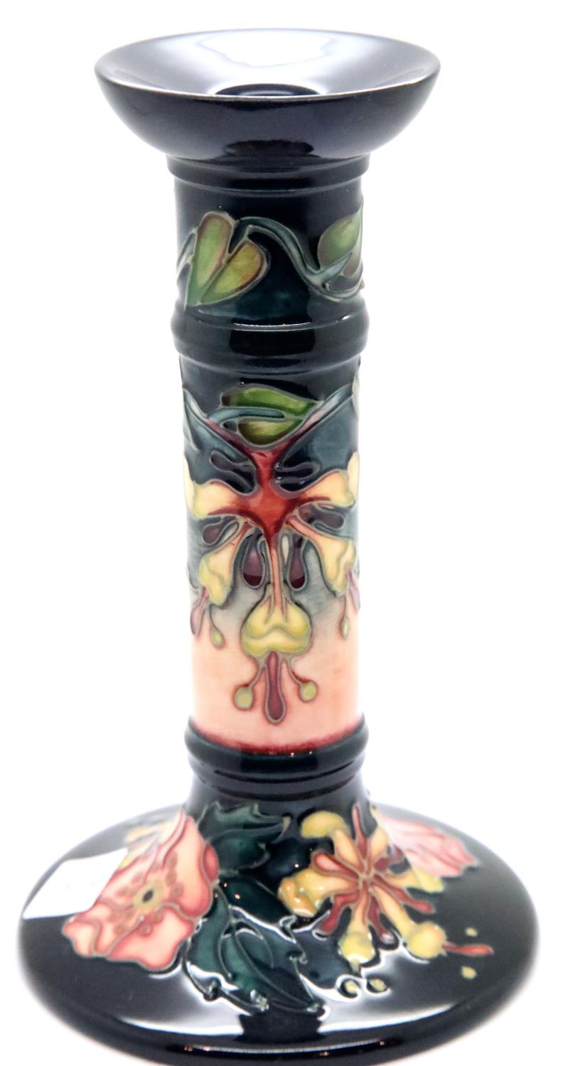 Moorcroft boxed Oberon candlestick, H: 21 cm. P&P Group 2 (£18+VAT for the first lot and £3+VAT