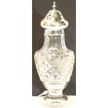 Cut glass silver topped sugar castor hallmarked Birmingham 1912, H: 20 cm, W; 8 cm. P&P Group 2 (£