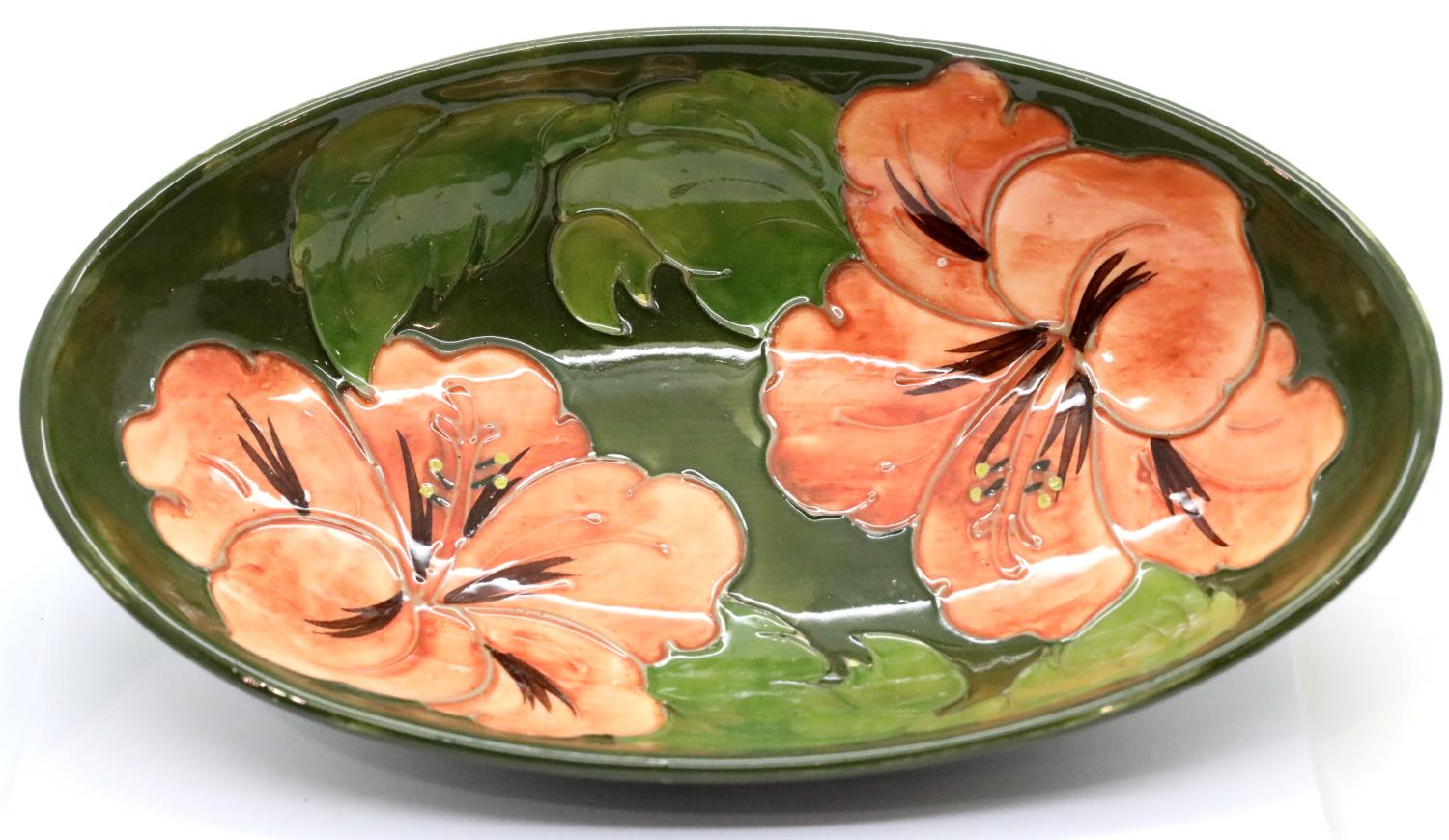 Large oval Moorcroft Coral Hibiscus bowl, L: 23 cm. P&P Group 2 (£18+VAT for the first lot and £3+ - Image 2 of 4