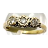 Ladies vintage 9ct gold three stone diamond ring, size O, 2.5g. P&P Group 1 (£14+VAT for the first