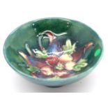 Small Moorcroft Green Columbine footed bowl, D: 9 cm. P&P Group 1 (£14+VAT for the first lot and £