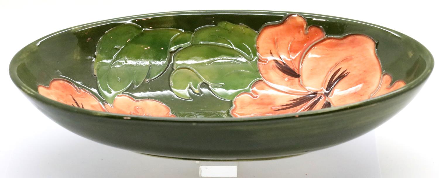 Large oval Moorcroft Coral Hibiscus bowl, L: 23 cm. P&P Group 2 (£18+VAT for the first lot and £3+