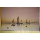 V Lindoph? watercolour of sailing boats at sunset, 34 x 42 cm. Not available for in-house P&P
