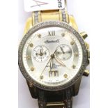 Ingersoll gents diamond set wristwatch on a gold plated bracelet. Not working at lotting. P&P