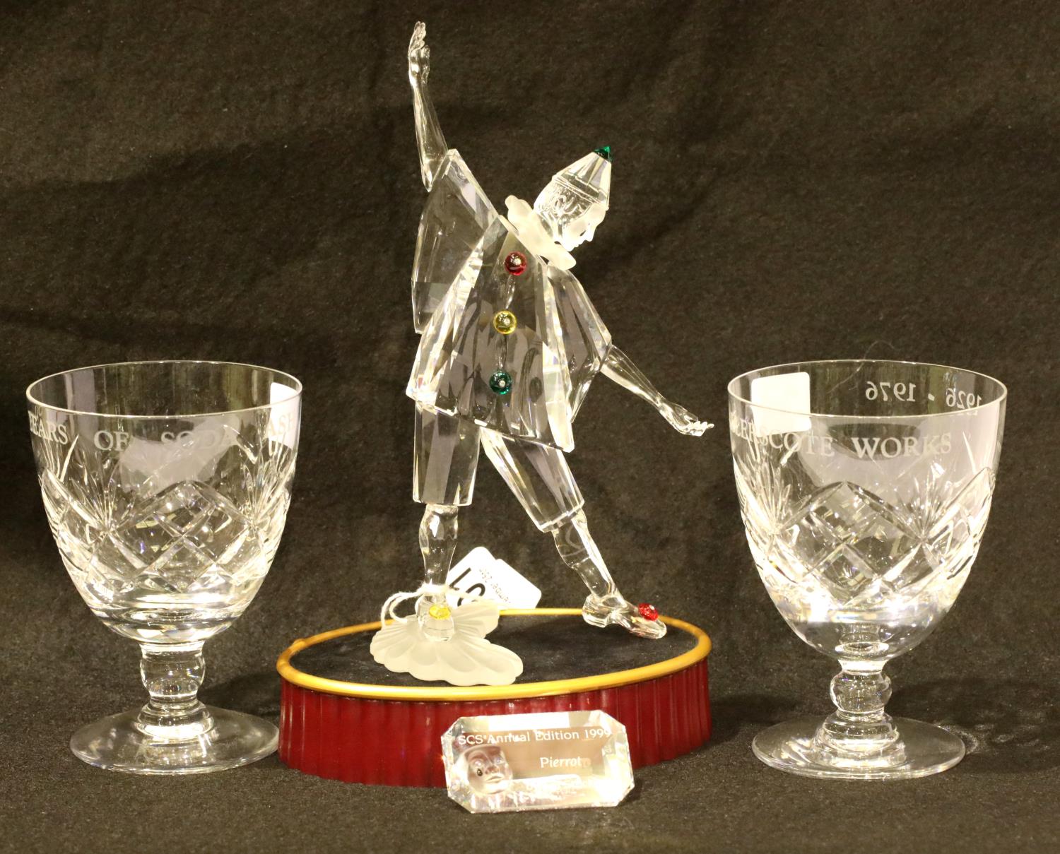 Swarovski clown on stand, H: 23 cm with stand, limited edition 1999 by Adi Stockerm and two