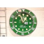 Dealers point of sale wall clock, Submariner Hulk, sweeping second hand, green bezel, green dial.