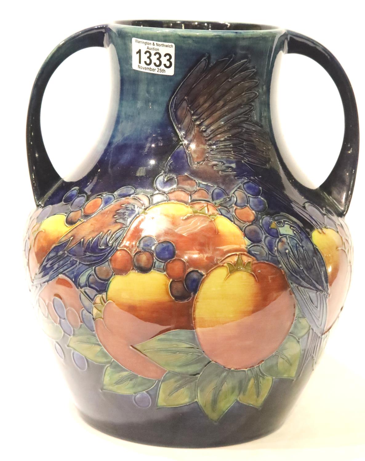 Very large Moorcroft Blue Finches two handled vase, H: 38 cm. Not available for in-house P&P