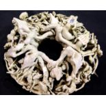 Large studio ceramic circular plaque of monstrous figures, D: 45 cm. Not available for in-house P&