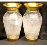 Pair of large French heavy cut glass baluster vases, with gilt rims and bases, one small chip to one