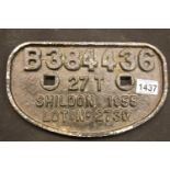 Shildon 1955 period cast iron railway wagon plate. P&P Group 3 (£25+VAT for the first lot and £5+VAT