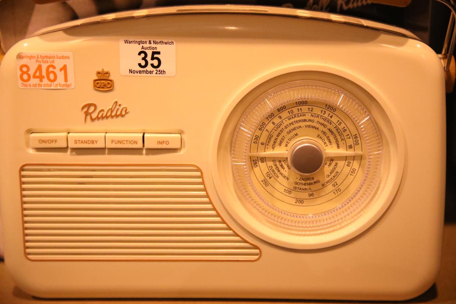 Cream GPO Rydell retro portable DAB+/DAB band III/FM digital radio with retro dial face, boxed.