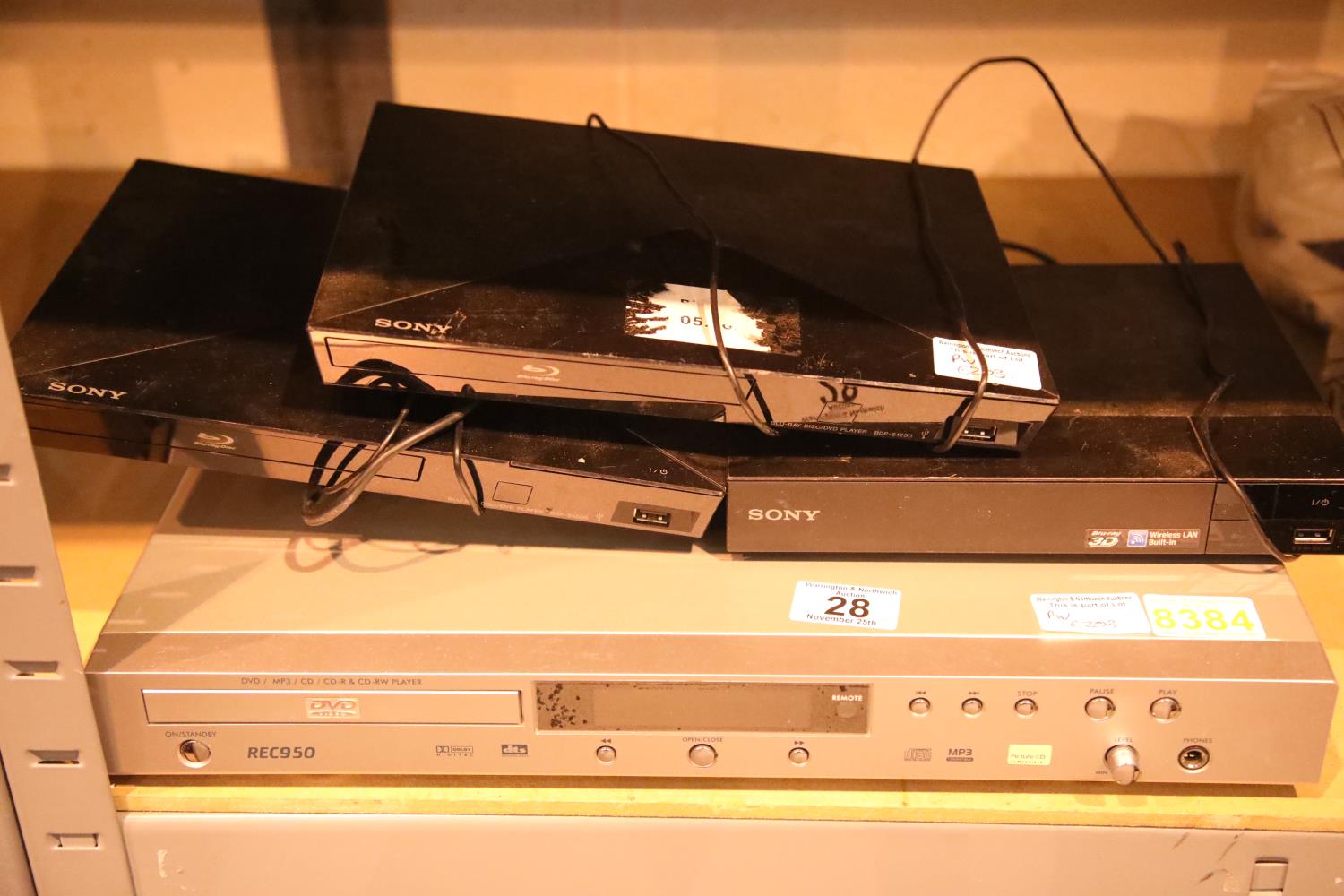 Three Sony Blu Ray and DVD players, and an REC 950 DVD player with remote. Not available for in-