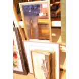 Quantity of prints and a gilt framed mirror, 92 x 29 cm. Not available for in-house P&P