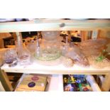 Shelf of mixed glass including paperweights, vase etc. Not available for in-house P&P