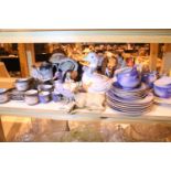 Shelf of mixed ceramics including Oriental tea set, figurines etc. Not available for in-house P&P