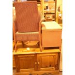 Lloyd Loom chair and two linen baskets. Not available for in-house P&P