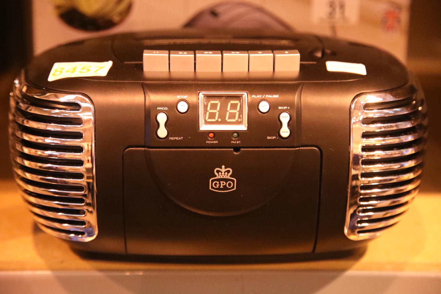 Black 3 in 1 FM/AM radio, CD and cassette player, boxed GPO PCD299. Not available for in-house P&P