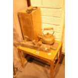 Collection of mixed items including jack plane, copper kettle, table etc. Not available for in-house
