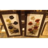 Two hand painted floral pictures on glass in dark wood effect frames, 70 x 39 cm approximately.