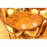 Italian Sorrento circular inlaid table with carved legs and four matching upholstered chairs. Not