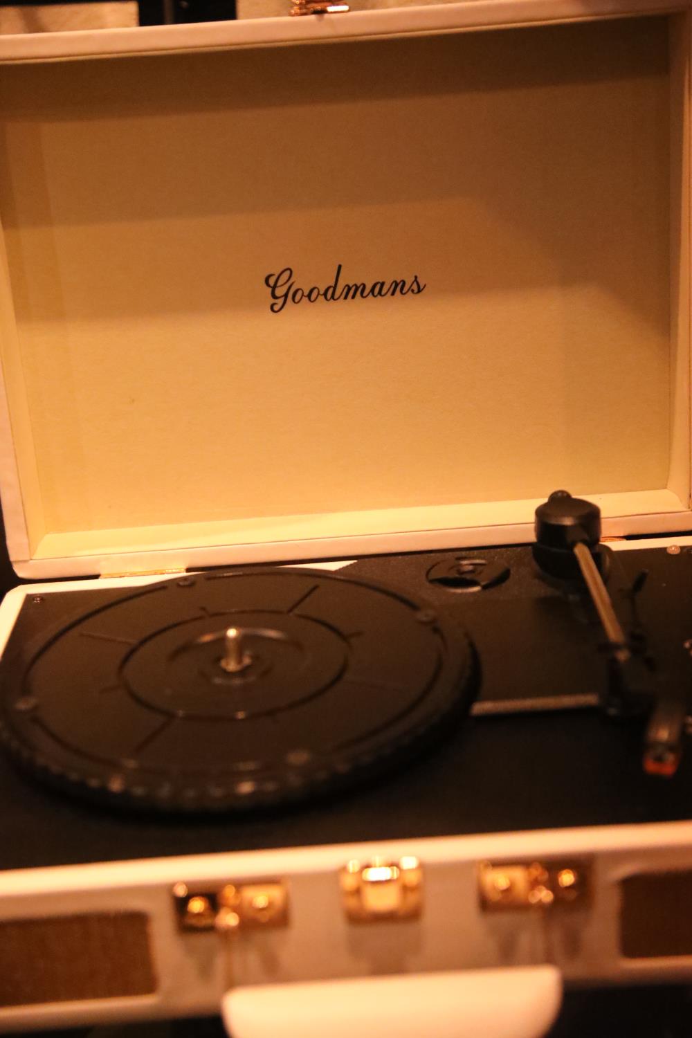 Goodmans portable turntable with rechargeable battery in Ealing Cream, boxed. Not available for in-