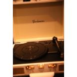 Goodmans portable turntable with rechargeable battery in Ealing Cream, boxed. Not available for in-