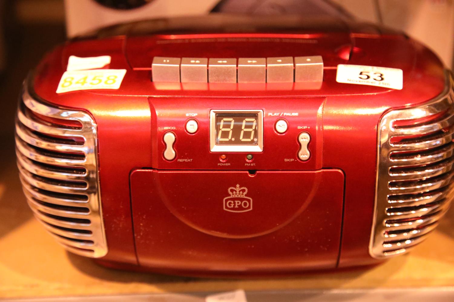 Red 3 in 1 FM/AM radio, CD and cassette player, boxed GPO PCD299. Not available for in-house P&P