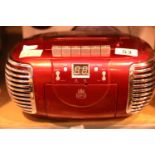 Red 3 in 1 FM/AM radio, CD and cassette player, boxed GPO PCD299. Not available for in-house P&P