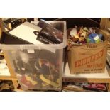Two boxes of mixed toys and games including Pokemon figurines. Not available for in-house P&P