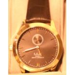 New boxed Anthony James black and gold dial wristwatch on a leather strap. P&P Group 1 (£14+VAT