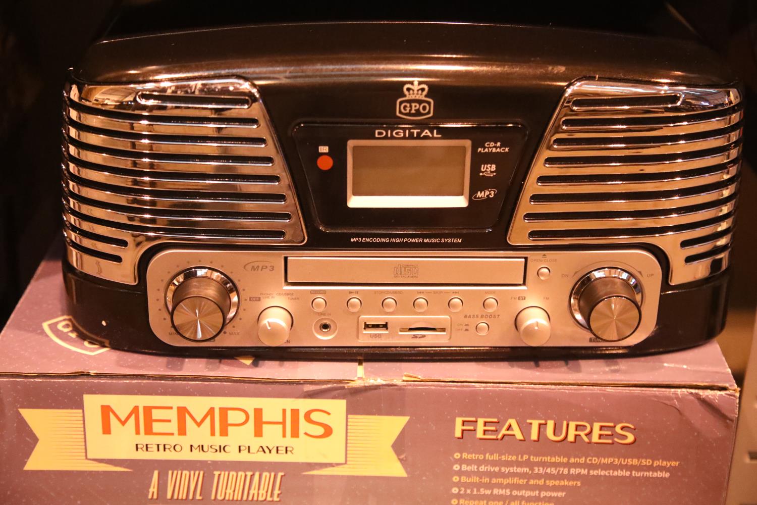 Black GPO Memphis retro music centre - 3 speed turntable, 33/45/78; MP3/USB player; FM radio with