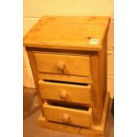Pine three drawer bedside cabinet. Not available for in-house P&P