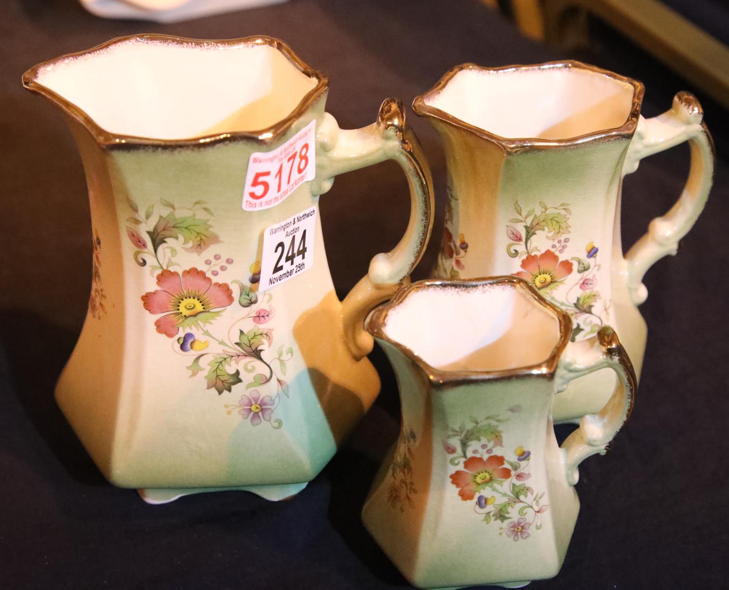 Graduated set of three Staffordshire jugs. Not available for in-house P&P