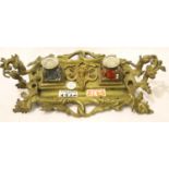 Ornate brass Victorian type inkwell, L: 31 cm. P&P Group 2 (£18+VAT for the first lot and £3+VAT for