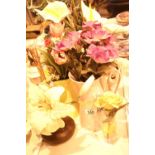 Six synthetic flower arrangements in an assortment of glass and china etc. Not available for in-