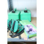 Two lawn aerator sandals and two plastic petrol cans. Not available for in-house P&P