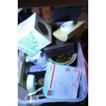 Box of mixed ceramics and a hand blender, hairdryer etc. Not available for in-house P&P