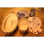 Six pieces of English blue and white ceramics. Not available for in-house P&P