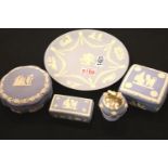 Wedgwood blue jasperware plate, table lighter and three lidded boxes. Not available for in-house P&P