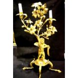 19th century gilt bronze two sconce candelabra, the body in the form of a putti grasping a floral